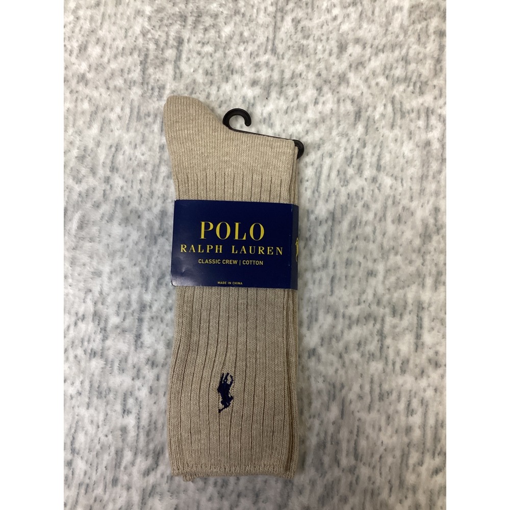 Polo Ralph Lauren Mens Classic Crew Socks Khaki Tan Navy Pony Logo Size 13-16